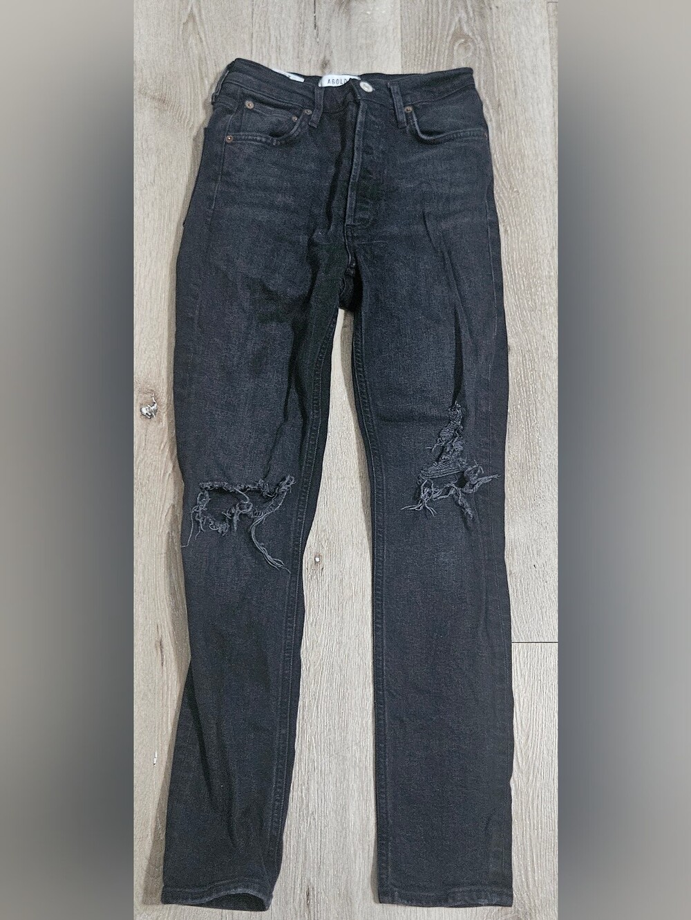 Agolde Nico High Rise Slim Straight Denim Jeans Distressed Cassette Black Sz 24